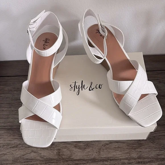 NIB [Style & Co.] Leeza Faux Leather Open Toe Mid Wedge in White Croc Women’s 11 - Picture 5 of 14